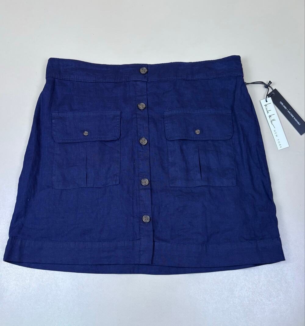 Nicole Miller New York Linen Cargo Skirt Women XL Navy Button Front NWT
